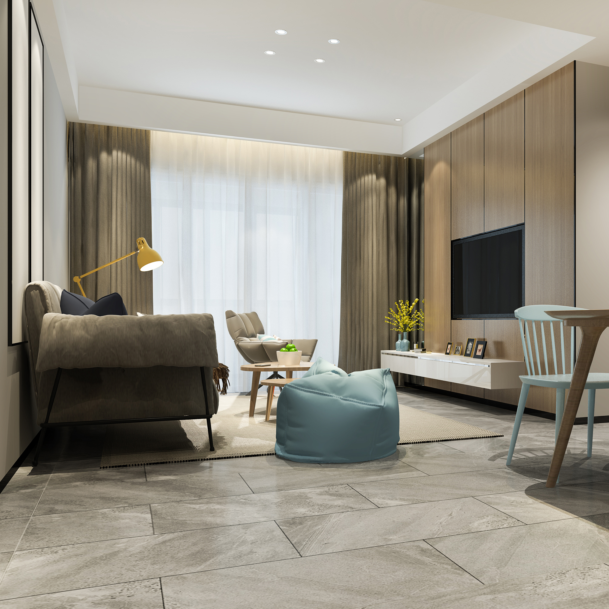 3d rendering loft luxury living room with shelf near dining tabl